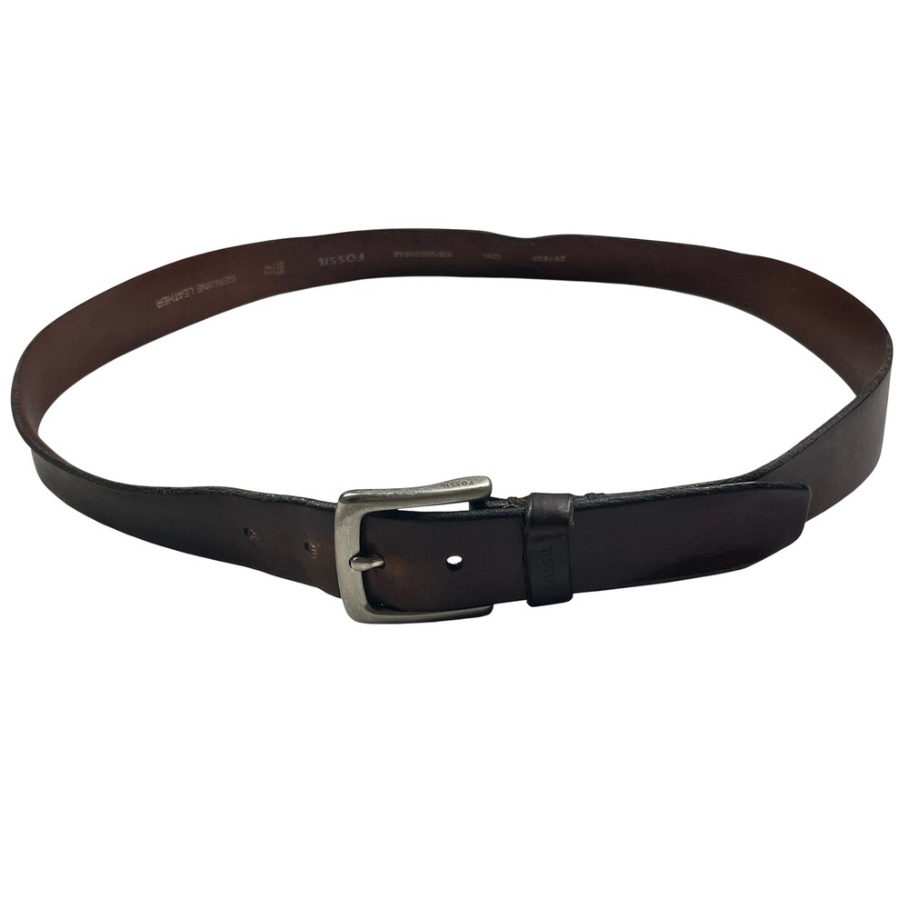 Fossil Mens Dark Brown Genuine Leather Belt Silver Buckle 42 Classy Business